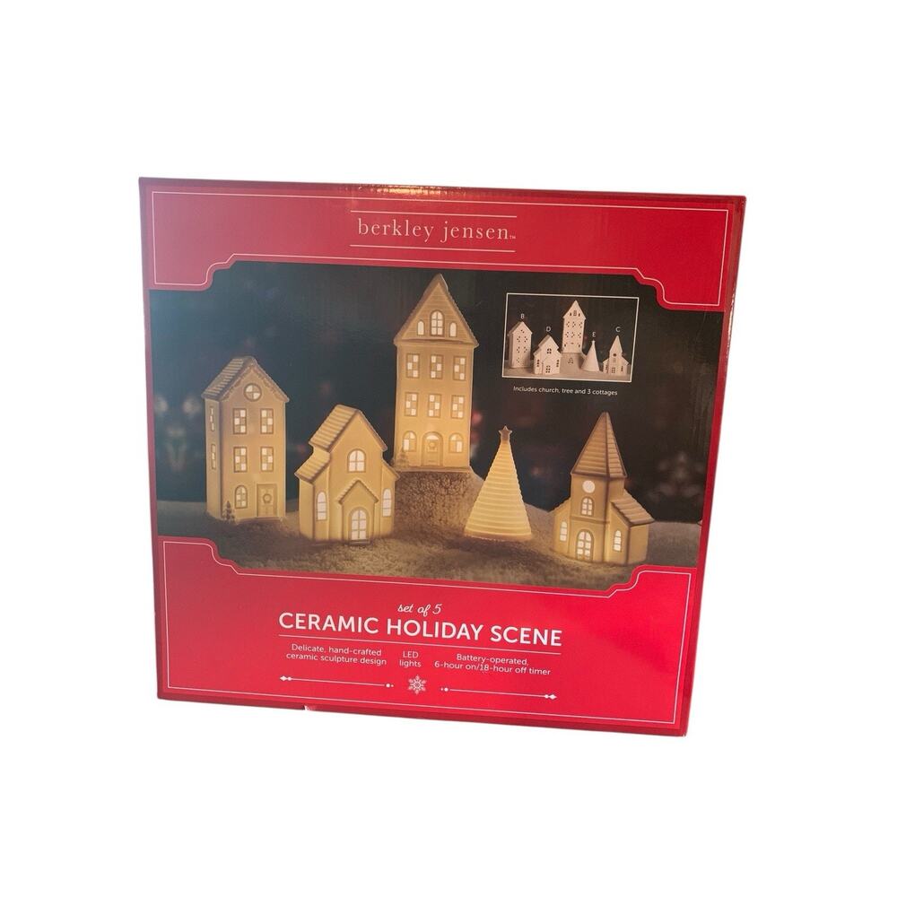 Berkley Jensen 5-piece Ceramic Holiday Village House Scene Set LED Lights